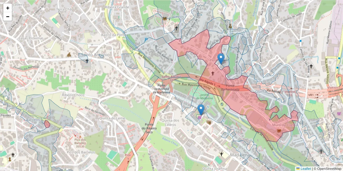 Mapa detalhado do código postal 9020-105 com limites, códigos postais vizinhos e agências dos correios