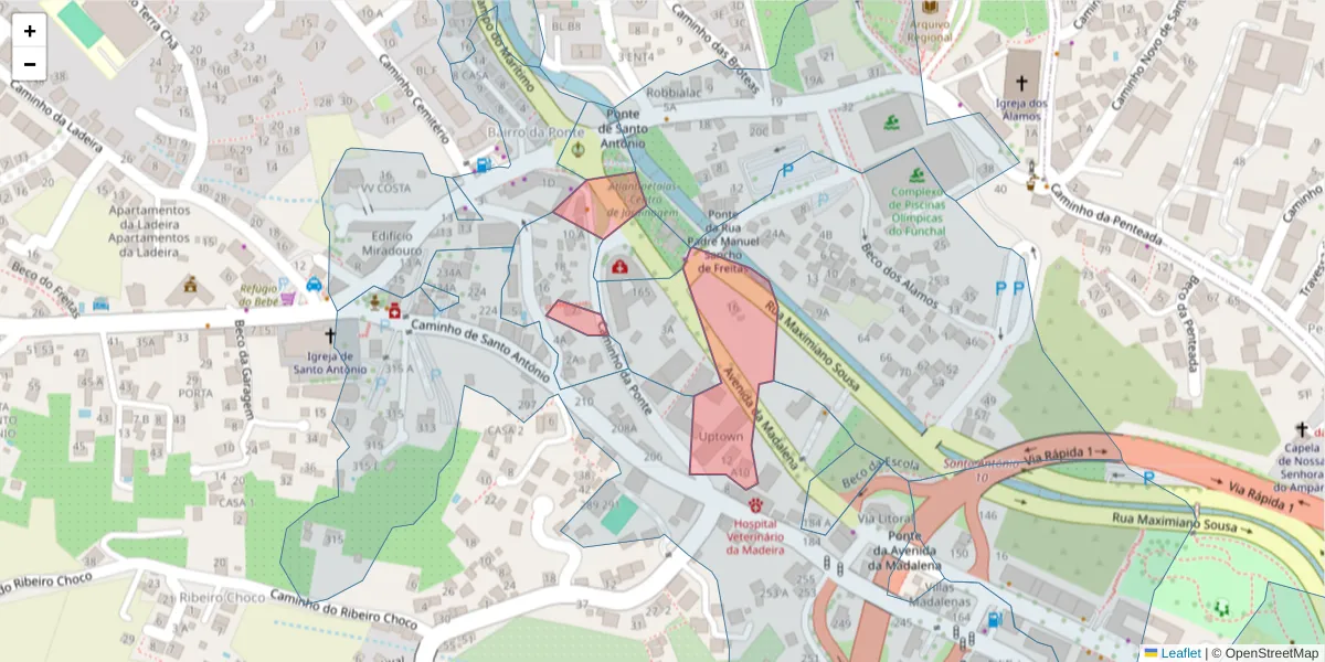 Mapa detalhado do código postal 9020-109 com limites, códigos postais vizinhos e agências dos correios