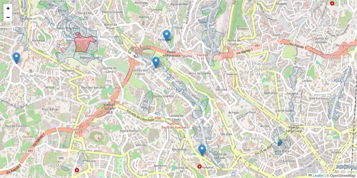 Mapa detalhado do código postal 9020-117 com limites, códigos postais vizinhos e agências dos correios