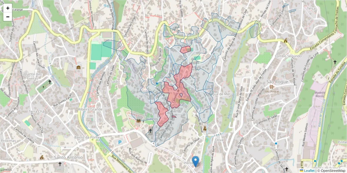 Mapa detalhado do código postal 9020-120 com limites, códigos postais vizinhos e agências dos correios