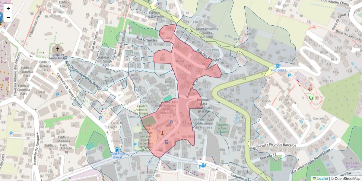 Mapa detalhado do código postal 9020-121 com limites, códigos postais vizinhos e agências dos correios
