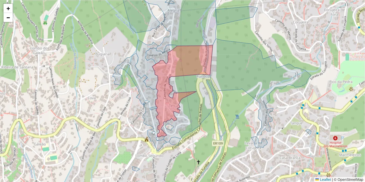 Mapa detalhado do código postal 9020-123 com limites, códigos postais vizinhos e agências dos correios