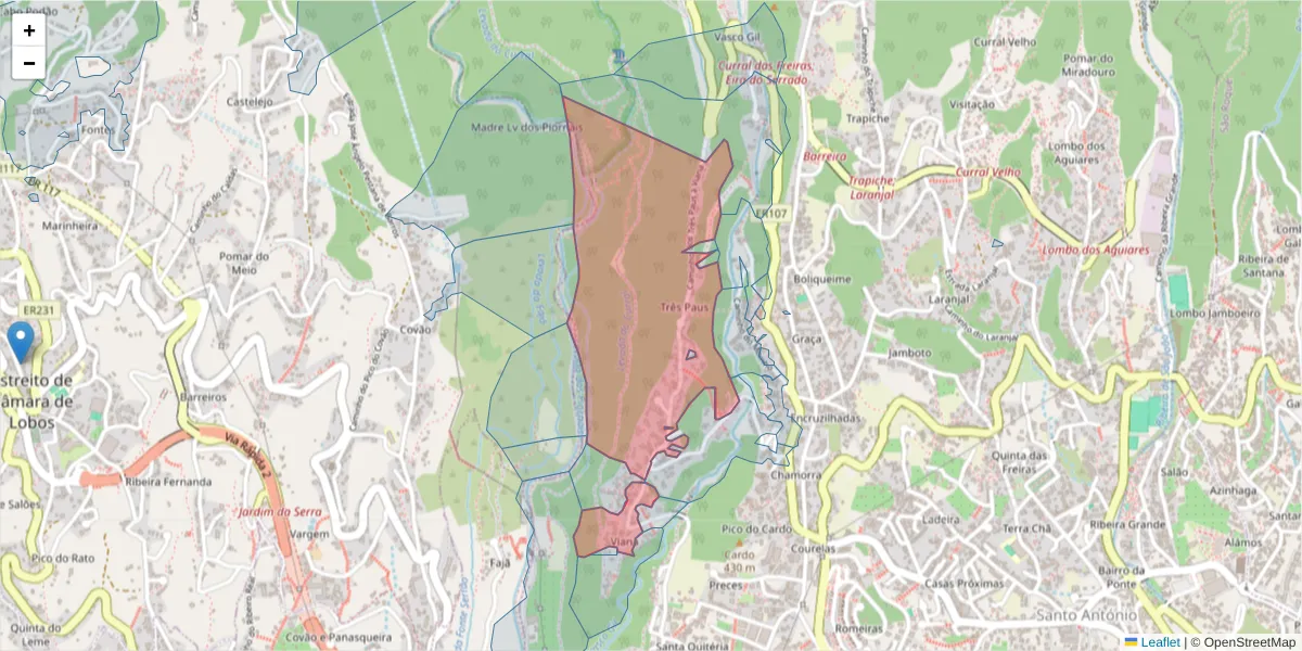 Mapa detalhado do código postal 9020-127 com limites, códigos postais vizinhos e agências dos correios
