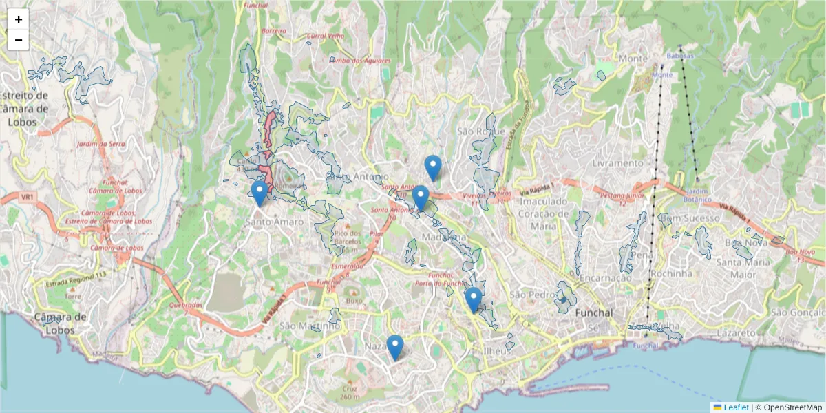 Mapa detalhado do código postal 9020-128 com limites, códigos postais vizinhos e agências dos correios