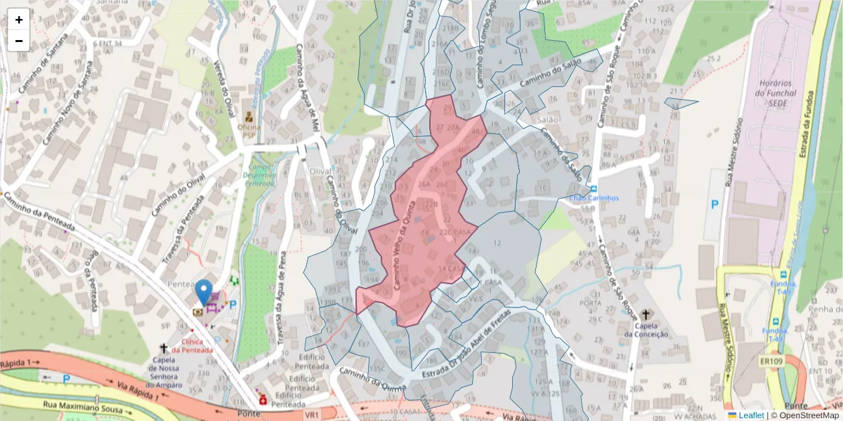 Mapa detalhado do código postal 9020-130 com limites, códigos postais vizinhos e agências dos correios