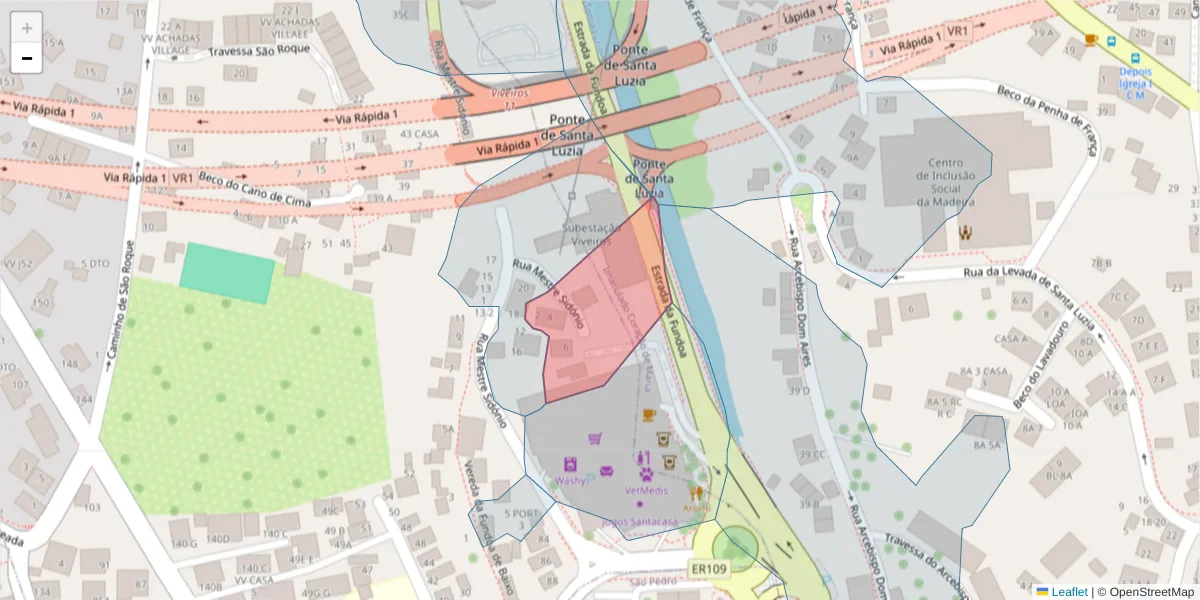 Mapa detalhado do código postal 9020-131 com limites, códigos postais vizinhos e agências dos correios