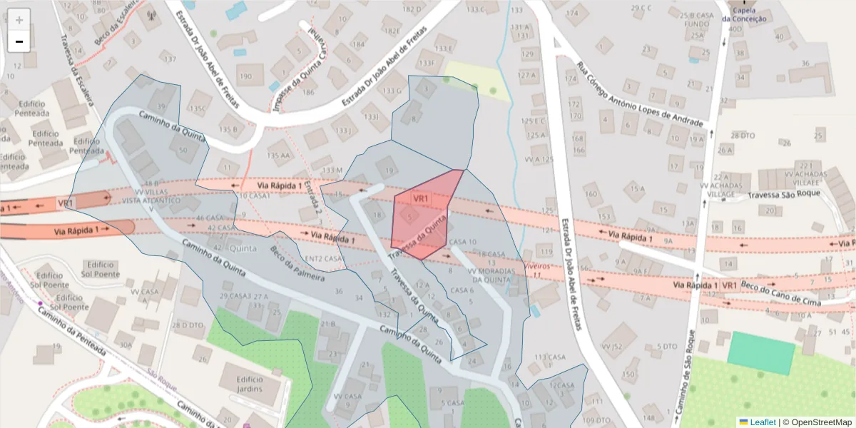 Mapa detalhado do código postal 9020-135 com limites, códigos postais vizinhos e agências dos correios