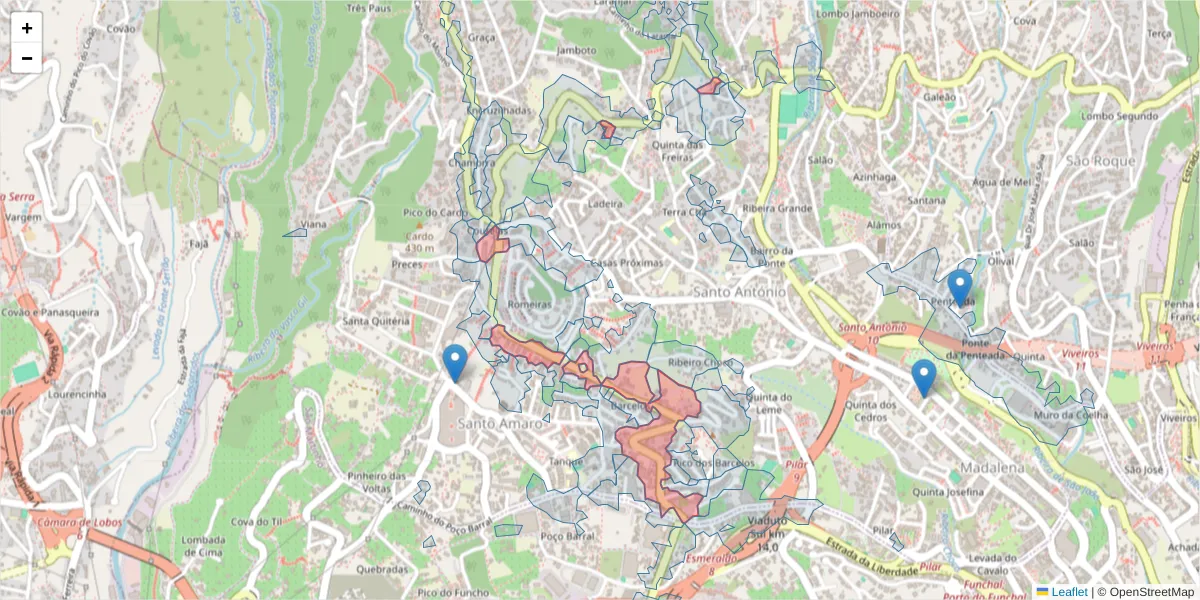 Mapa detalhado do código postal 9020-148 com limites, códigos postais vizinhos e agências dos correios