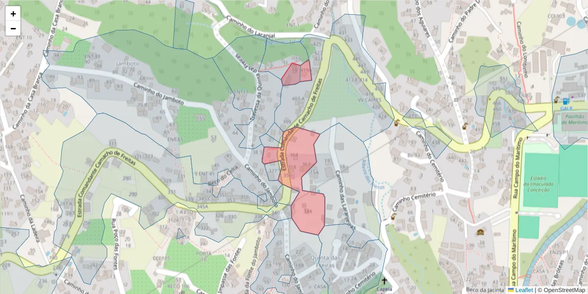 Mapa detalhado do código postal 9020-150 com limites, códigos postais vizinhos e agências dos correios