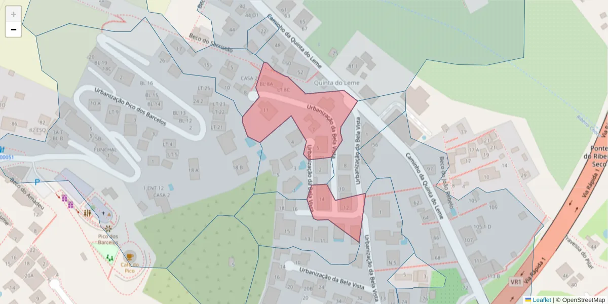 Mapa detalhado do código postal 9020-202 com limites, códigos postais vizinhos e agências dos correios