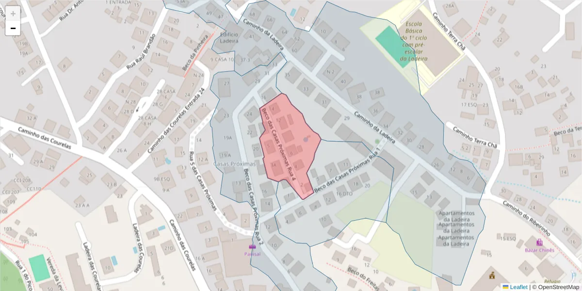 Mapa detalhado do código postal 9020-205 com limites, códigos postais vizinhos e agências dos correios