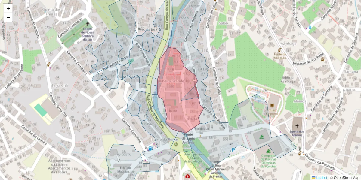 Mapa detalhado do código postal 9020-207 com limites, códigos postais vizinhos e agências dos correios