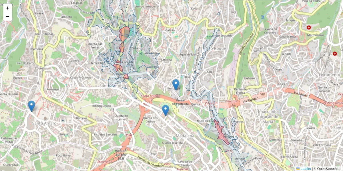 Mapa detalhado do código postal 9020-208 com limites, códigos postais vizinhos e agências dos correios
