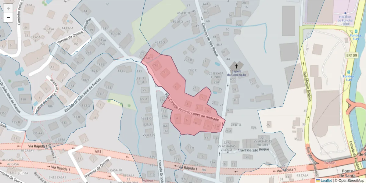 Mapa detalhado do código postal 9020-211 com limites, códigos postais vizinhos e agências dos correios
