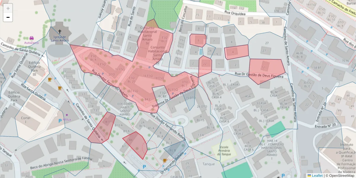 Mapa detalhado do código postal 9020-214 com limites, códigos postais vizinhos e agências dos correios