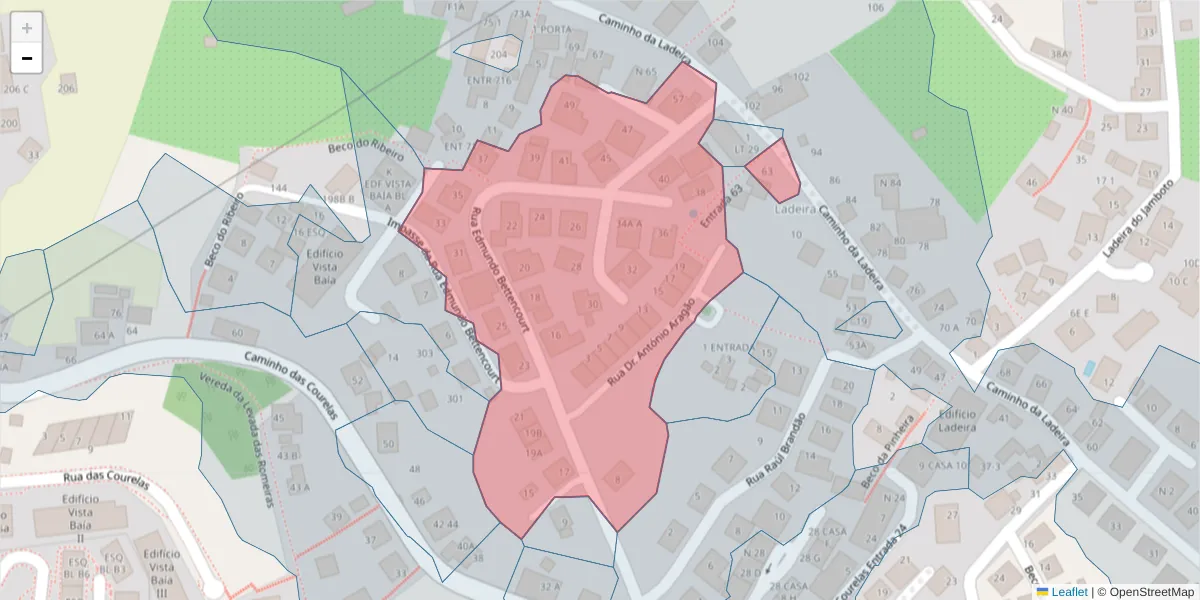 Mapa detalhado do código postal 9020-215 com limites, códigos postais vizinhos e agências dos correios