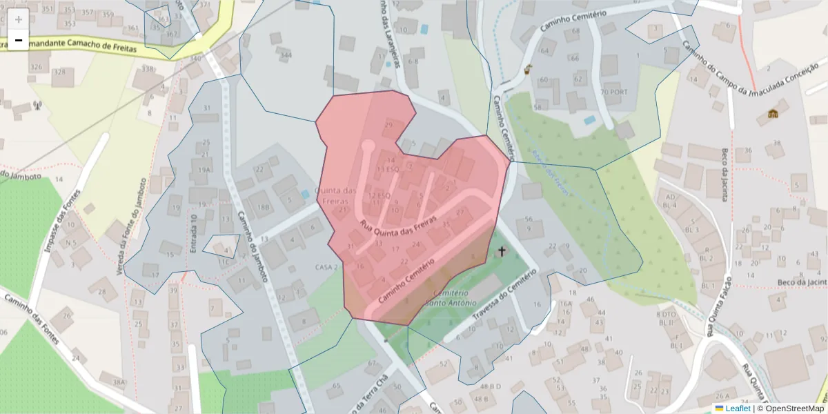 Mapa detalhado do código postal 9020-222 com limites, códigos postais vizinhos e agências dos correios