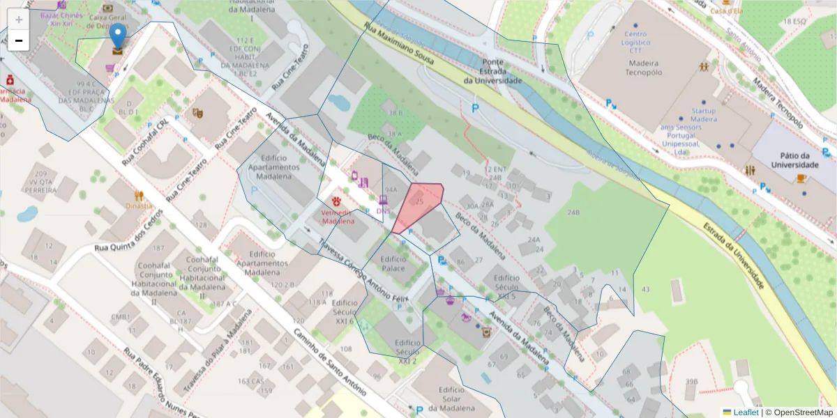 Mapa detalhado do código postal 9020-247 com limites, códigos postais vizinhos e agências dos correios
