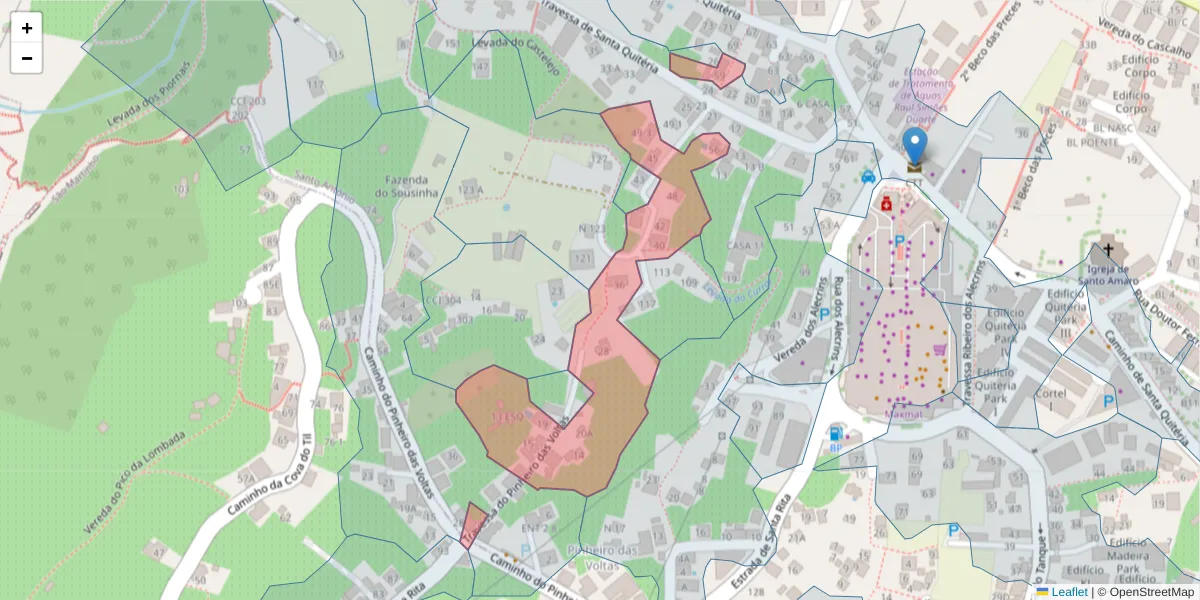 Mapa detalhado do código postal 9020-250 com limites, códigos postais vizinhos e agências dos correios