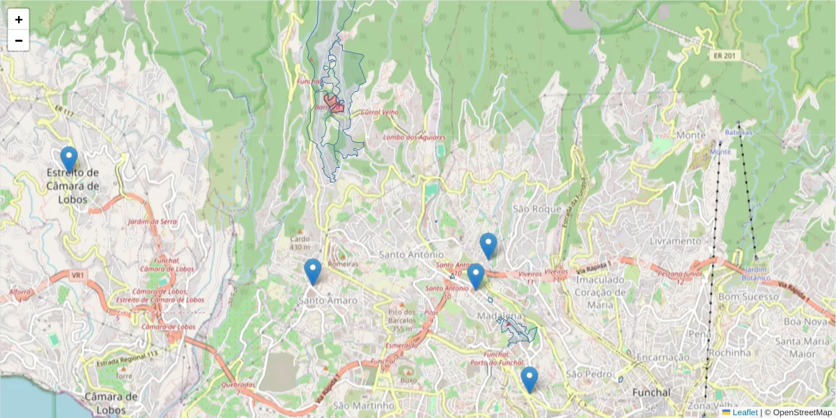 Mapa detalhado do código postal 9020-264 com limites, códigos postais vizinhos e agências dos correios