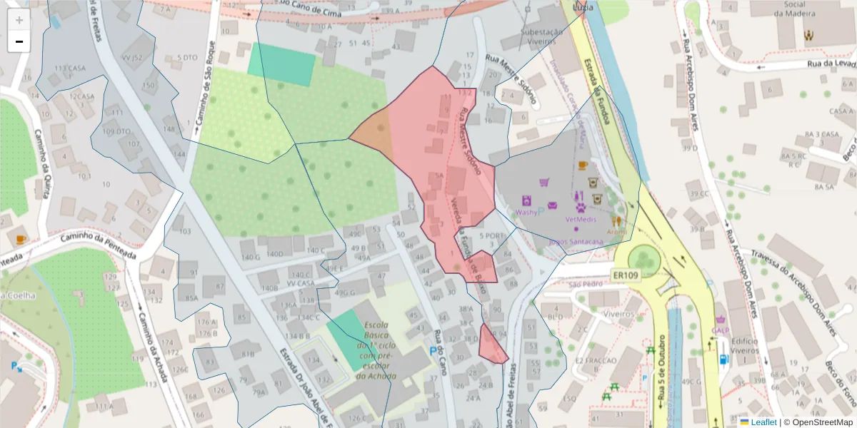 Mapa detalhado do código postal 9020-283 com limites, códigos postais vizinhos e agências dos correios