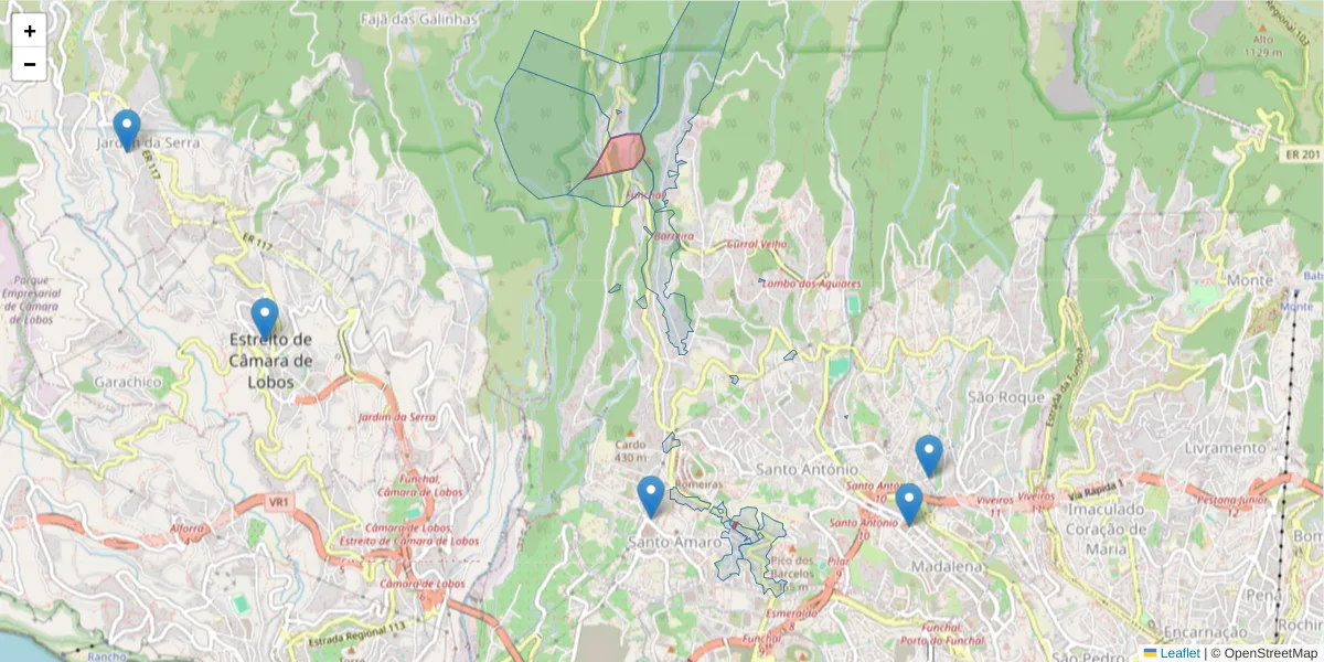 Mapa detalhado do código postal 9020-319 com limites, códigos postais vizinhos e agências dos correios
