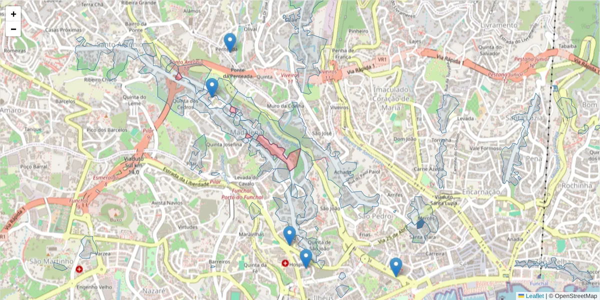 Mapa detalhado do código postal 9020-329 com limites, códigos postais vizinhos e agências dos correios
