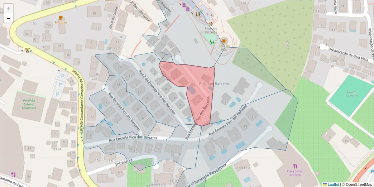 Mapa detalhado do código postal 9020-350 com limites, códigos postais vizinhos e agências dos correios
