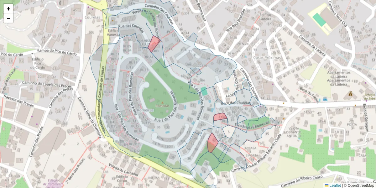 Mapa detalhado do código postal 9020-374 com limites, códigos postais vizinhos e agências dos correios