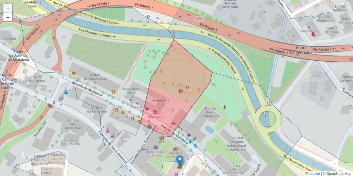 Mapa detalhado do código postal 9020-402 com limites, códigos postais vizinhos e agências dos correios