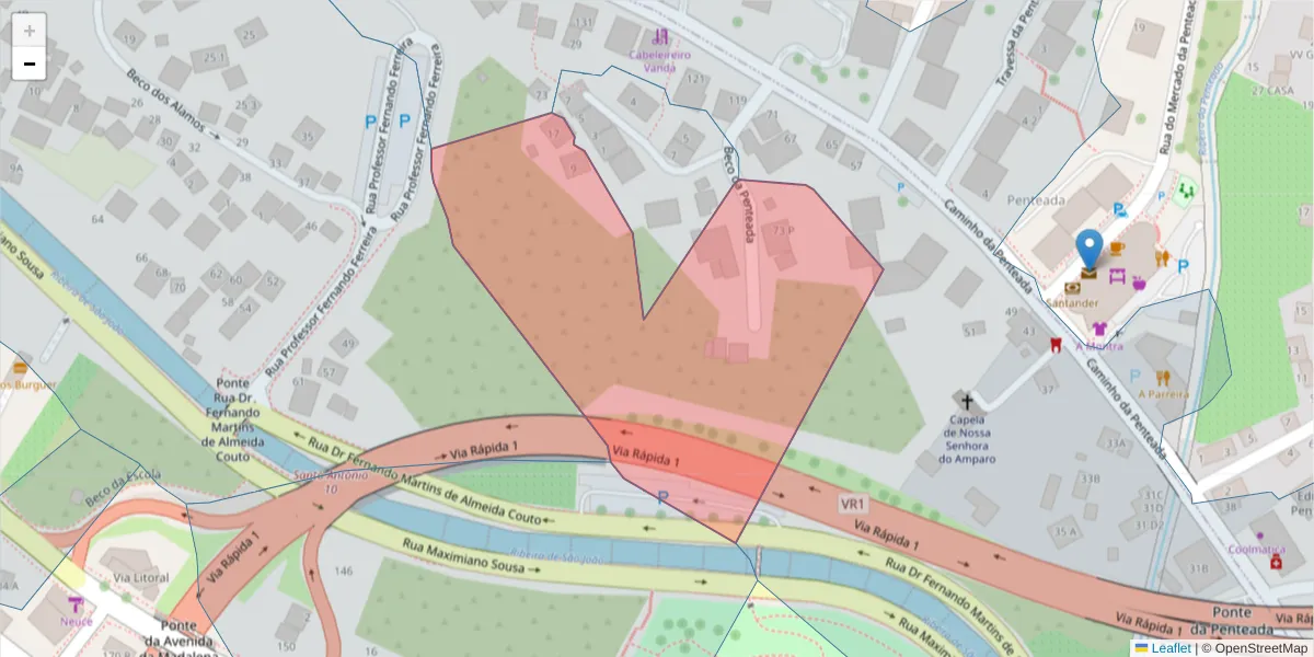 Mapa detalhado do código postal 9020-409 com limites, códigos postais vizinhos e agências dos correios