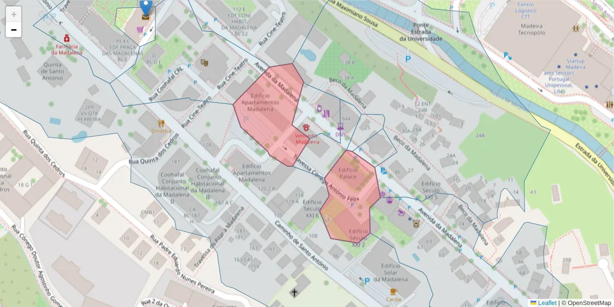 Mapa detalhado do código postal 9020-417 com limites, códigos postais vizinhos e agências dos correios