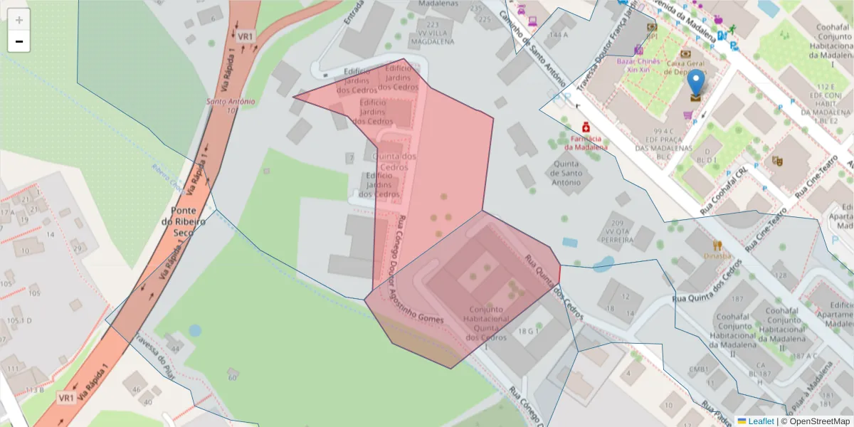 Mapa detalhado do código postal 9020-418 com limites, códigos postais vizinhos e agências dos correios