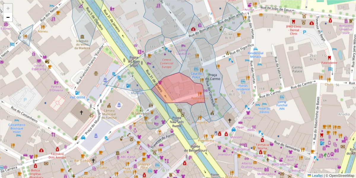 Mapa detalhado do código postal 9050-014 com limites, códigos postais vizinhos e agências dos correios