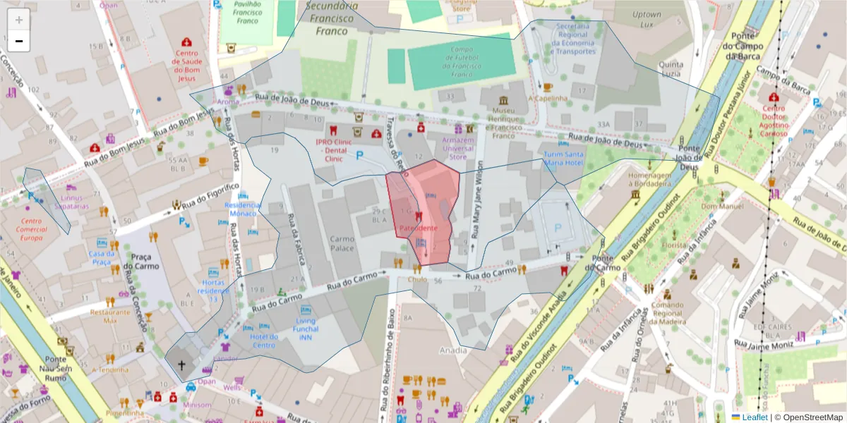 Mapa detalhado do código postal 9050-018 com limites, códigos postais vizinhos e agências dos correios