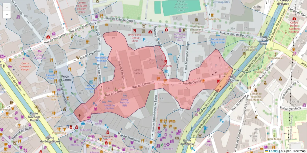 Mapa detalhado do código postal 9050-019 com limites, códigos postais vizinhos e agências dos correios