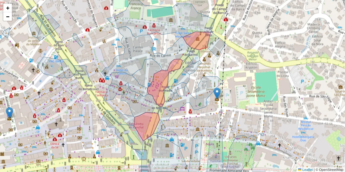 Mapa detalhado do código postal 9050-020 com limites, códigos postais vizinhos e agências dos correios