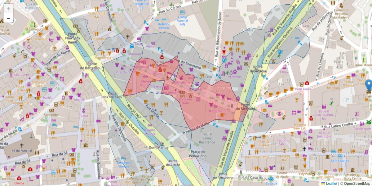 Mapa detalhado do código postal 9050-021 com limites, códigos postais vizinhos e agências dos correios