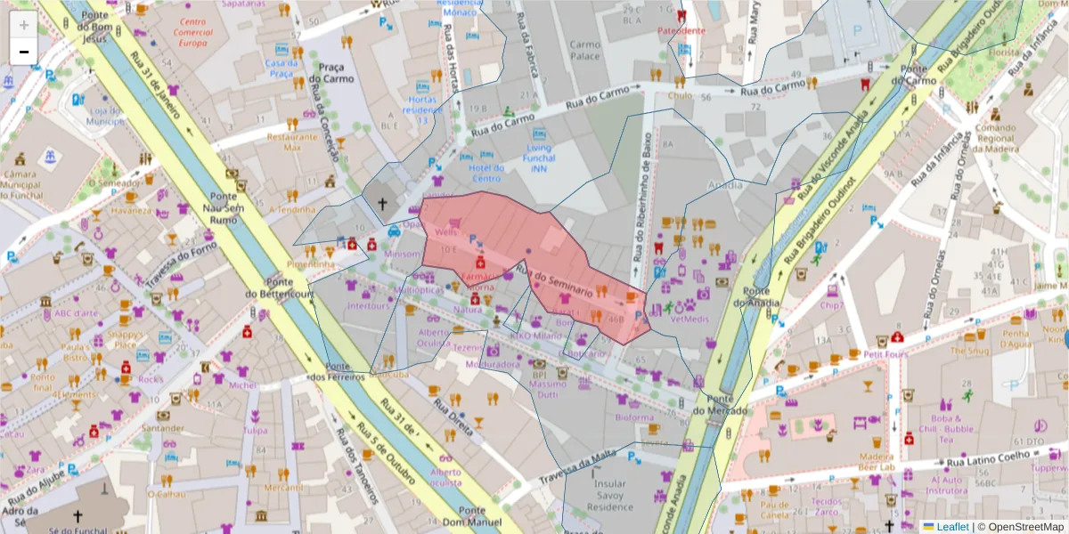 Mapa detalhado do código postal 9050-022 com limites, códigos postais vizinhos e agências dos correios