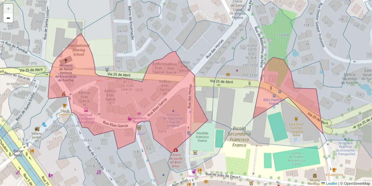 Mapa detalhado do código postal 9050-023 com limites, códigos postais vizinhos e agências dos correios