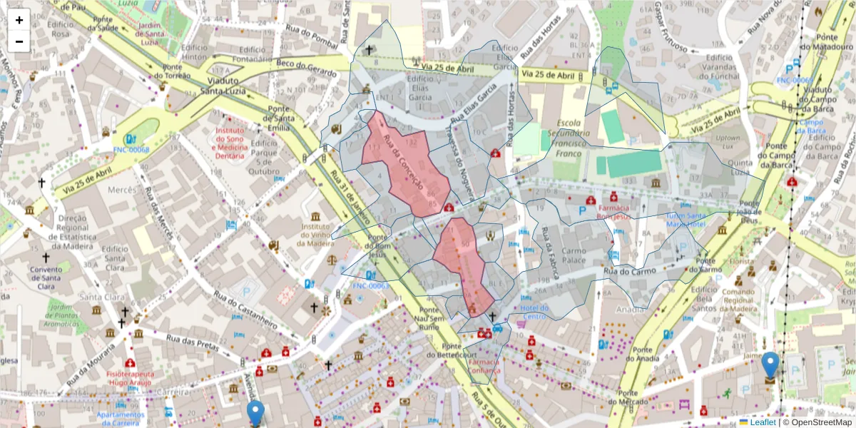 Mapa detalhado do código postal 9050-026 com limites, códigos postais vizinhos e agências dos correios