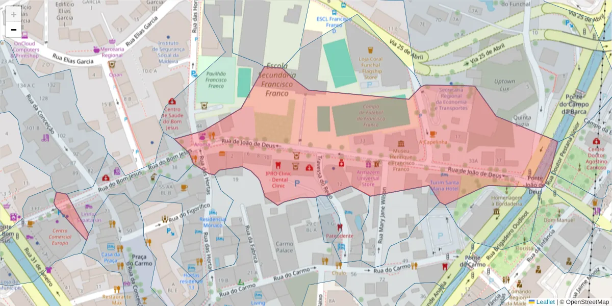 Mapa detalhado do código postal 9050-027 com limites, códigos postais vizinhos e agências dos correios