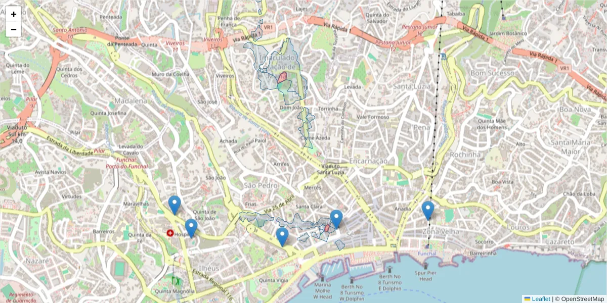 Mapa detalhado do código postal 9050-050 com limites, códigos postais vizinhos e agências dos correios