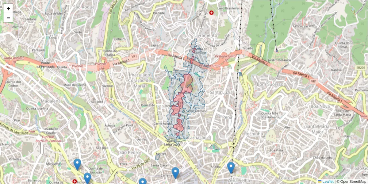 Mapa detalhado do código postal 9050-053 com limites, códigos postais vizinhos e agências dos correios
