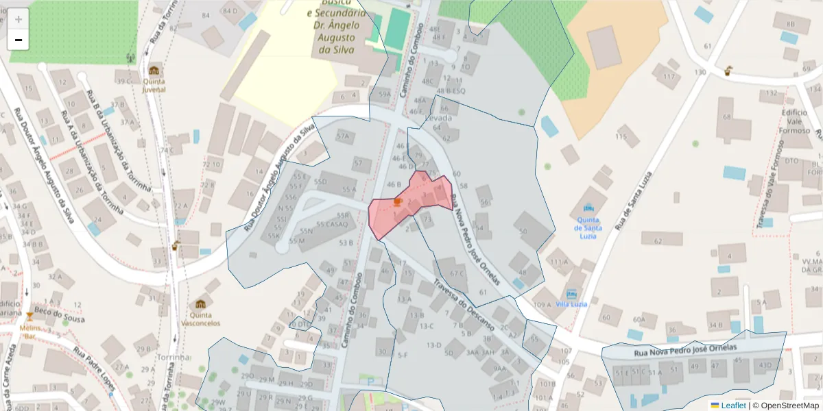 Mapa detalhado do código postal 9050-061 com limites, códigos postais vizinhos e agências dos correios