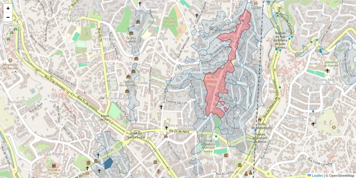 Mapa detalhado do código postal 9050-069 com limites, códigos postais vizinhos e agências dos correios