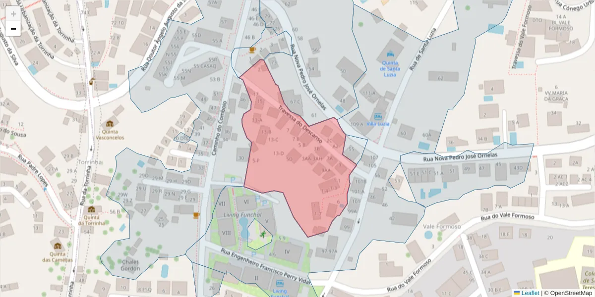 Mapa detalhado do código postal 9050-073 com limites, códigos postais vizinhos e agências dos correios
