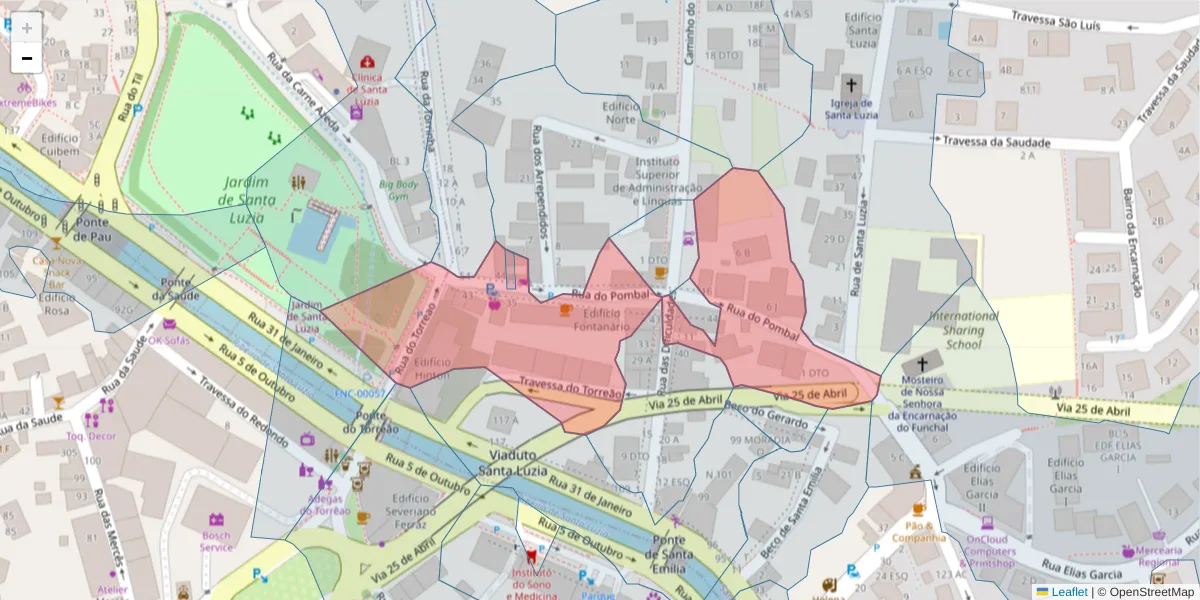 Mapa detalhado do código postal 9050-075 com limites, códigos postais vizinhos e agências dos correios