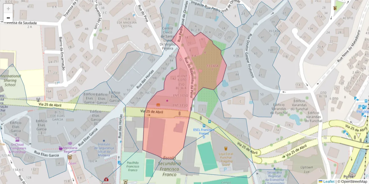 Mapa detalhado do código postal 9050-079 com limites, códigos postais vizinhos e agências dos correios