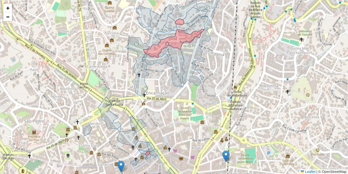 Mapa detalhado do código postal 9050-082 com limites, códigos postais vizinhos e agências dos correios